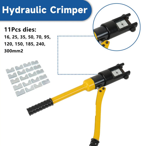 16 Ton Hydraulic Wire Lug Terminal Crimping Tool With 11 Dies YQK 300, yellow handle, rotatable head, 11 die pieces