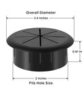 Black ABS grommet for cable management, two-inch hole fit, 2.4-inch overall diameter, flexible design. Pack of five for office use.