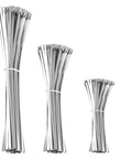 Three bundles of 300 Pack 304 Stainless Steel Self Locking Cable Ties With 300 Lb Tensile Strength in 6, 10, and 14 Inch sizes