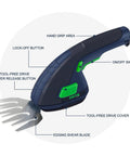 7.2V Cordless Grass Shear And Shrub Trimmer 2 In 1 Mini Hedge Cutter with ergonomic handle, showing on/off switch and shear blade