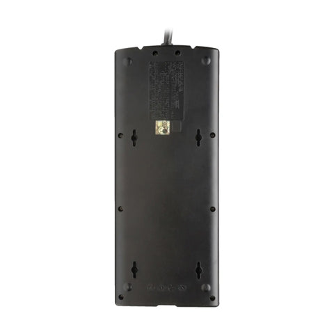 Back view of Home Theater Surge Protector Power Strip with 12 outlets, 2160 joules, 8 ft flat plug cord showing mounting holes.