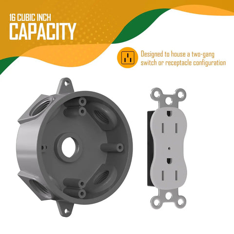 Weatherproof Round Electrical Outlet Box for One Half Inch or Three Quarter Inch Conduit, Five Hole Mount, Includes Reducer Bushings and Closure Plugs, UL Listed, Gray PVC Construction, Built Tough for Outdoor Junctions, Lampholders, and Lighting, 16 cubic inch capacity for two-gang outlet