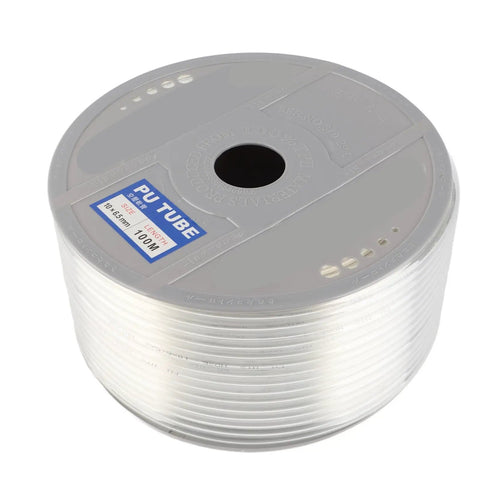 Top Shelf Transparent PU Air Hose Featuring 10mm OD And 6.5mm Inner Bore Stretching 328 Feet Of Ridiculously Flexible Pneumatic Tubing For Hassle Free Compressor Hookups On Any Job Site, coiled roll view.