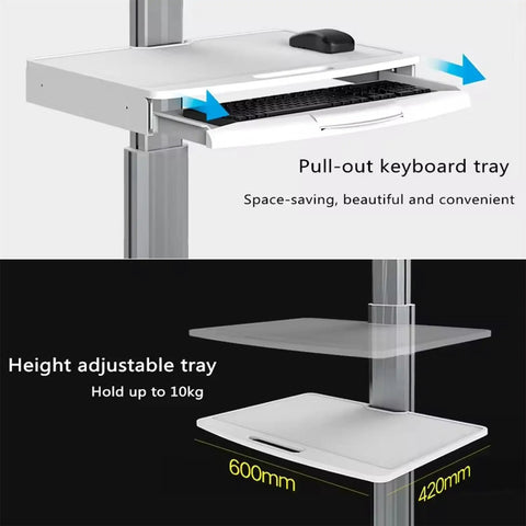 Legit Hella Adjustable Rolling Computer Cart, 15 To 32 Inches Tall, showcases pull-out keyboard tray and height adjustable tray.