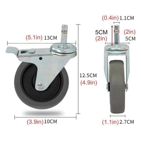 Hella Quiet Rubber Swivel Caster Wheels Set With Dual Ball Bearings And Heavy Duty Galvanized Plate Stem, side view dimensions.