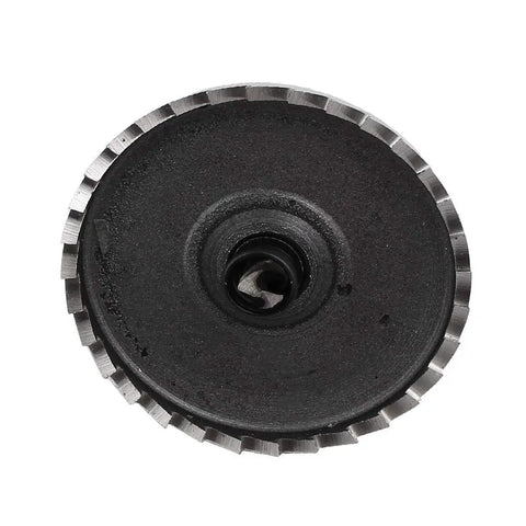 Close-up of 55mm Hole Saw With 68mm Overall Length For Quick Cuts HSS Material, front view showing teeth and spring loaded twist drill bit.