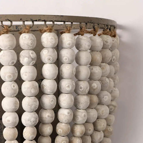 Close-up of Vintage Wood Bead Wall Lamp Set Gray White 2 Pack Hardwired with prestrung beads and heat resistant finish.