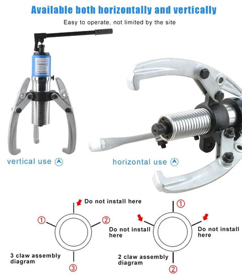 Pro Level 15 Ton Hydraulic Bearing Gear Puller With Smooth Bidirectional Power showing vertical and horizontal use diagrams.