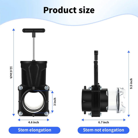 Diagram showing dimensions of Backup 3 Inch RV Sewer Gate Valve With Built In Clear Adapter for camper and motorhome fittings.