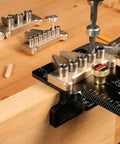 Super Handy Adjustable Doweling Jig For Spot On Three Eighth Inch Dowel Holes In Wood Projects Features One Eighth Increments Up To Three And Half Inches From Edge Durable Aluminum Build With Five Bushings Drill Bit Stop Collar Pin Included in use on wood with drill.