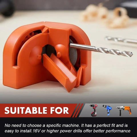 Total Beast Dual Wheel Drill Bit Sharpener Knocks Out Dull Edges On HSS Carbide And Masonry Bits Lightning Fast Portable Diamond Grind Rig, orange drill bit sharpener close-up.