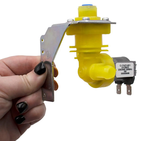 Ice Machine Water Valve Replacement Kit IH9121 000009121 With Brackets And Screws, 220/240V, yellow plastic valve in hand