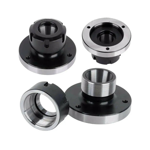 Solid Carbon Steel Collet Chuck Set Includes ER16 ER20 ER25 And ER32 Sizes showing different collet heads for CNC milling.