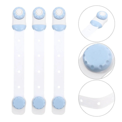 Three Pack White Refrigerator Cabinet Locks No Punch Design Easy Install Prevents Accidental Openings Kid Safe Fridge And Freezer Lock Made From Sturdy PP Material For Home Security And Peace Of Mind, detailed view of round blue clasps and strap.