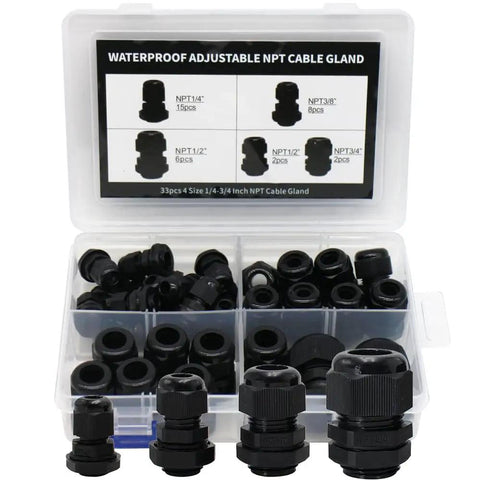Pro Grade 33 Pack Adjustable Nylon PA66 Cable Glands Waterproof Heavy Duty Cord Grip Strain Relief Fittings For 3 To 18 Millimeter Cables With Gaskets In Black Plastic Box Indoor Outdoor Electrical Conduit Kit displayed in open box with assorted sizes