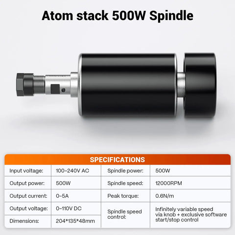 Beefy 500W CNC Spindle Motor With ER11 Chuck, 52mm Diameter, 12,000 RPM Idle, 600 mN.m Torque, Stepless Speed Control Box specifications