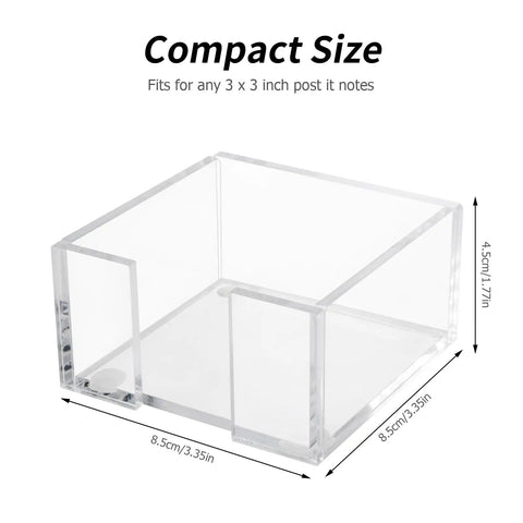 Crystal Clear Acrylic Sticky Note Holder for Desk and Dorm 3 By 3 Notepad Dispenser, showing compact size dimensions