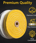 Super Thick 2 Pack 6 Inch Cotton Buffing Wheels featuring 5/8 Inch Arbor mount, white and yellow cotton pads for polishing.