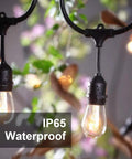 48 Foot Outdoor String Lights With 15 11W Dimmable Edison Vintage Bulbs close-up showing waterproof feature in garden setting