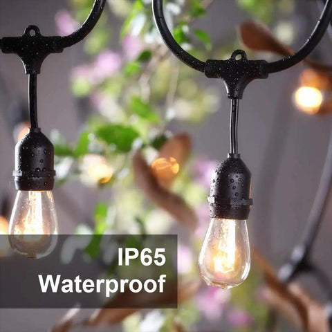 48 Foot Outdoor String Lights With 15 11W Dimmable Edison Vintage Bulbs close-up showing waterproof feature in garden setting