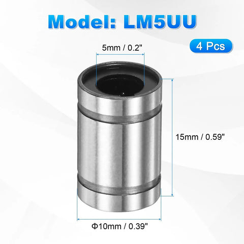 LM5UU Linear Ball Bearings 5mm Bore 10mm OD 15mm Length with rubber seals for CNC and 3D printers, 4 pack