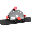 Heavy Duty Electric Tile Chamfering Jig For Creating Perfect 45 Degree Angles On Ceramic And Stone. Compatible With Standard 115mm Or 125mm Angle Grinders. Stable Red Screw Nut Design Ensures Accurate, Smooth Cuts Every Time Without Slipping. A Must Have, black metal jig with red knobs, ideal for clean edge cuts.