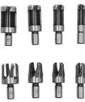 Heavy Duty 8 Piece Carbon Steel Wood Plug Drill Bit Set With Hella Sharp Spiral Hole Cutters To Knock Out Clean Plugs For Furniture Repair And Weekend Warriors 8 bits in various sizes and styles.