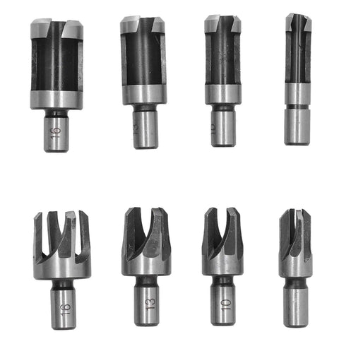 Heavy Duty 8 Piece Carbon Steel Wood Plug Drill Bit Set With Hella Sharp Spiral Hole Cutters To Knock Out Clean Plugs For Furniture Repair And Weekend Warriors 8 bits in various sizes and styles.