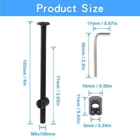 Drop Dead Solid Heavy Duty Carbon Steel M6 Bunk Bed Bolts And Barrel Nut Kit With Hex Wrench Four Inch Black Bedroom Hardware dimensions.