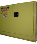 Rock Solid Laboratory Flammable Storage Cabinet 44 Gallon 2 Door Lock Chemical Safety Vault 18 Gauge Steel Under Counter Toe Recess Yellow side view with lock