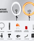 18 Inch Ring Light Kit With 55W 5600K Pro LED Stand Phone Holder Soft Tube And Carry Bag contents display with accessories