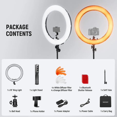 18 Inch Ring Light Kit With 55W 5600K Pro LED Stand Phone Holder Soft Tube And Carry Bag contents display with accessories