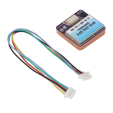 M10-25Q Pro Grade GPS Module For FPV Racing Drones With 72 Channels, 10Hz Refresh, 25x25mm size, shown with connection cable.