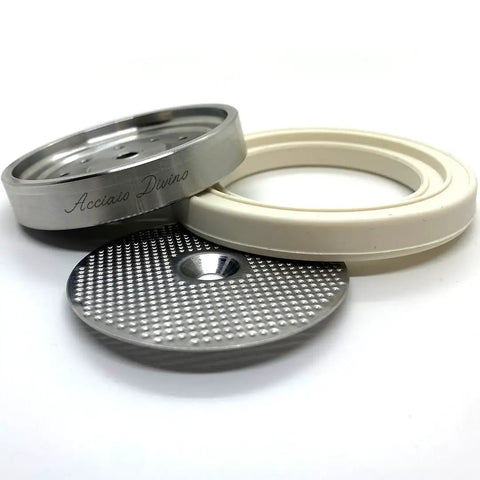 Rock Solid Three Piece Stainless Steel Shower Screen Kit For Dual Boiler Espresso Coffee Maker Heavy Duty Water Diffuser Upgrade Designed For Even Flow And Killer Flavor Extraction Quick Snap Install showing three components including a stainless steel shower screen.