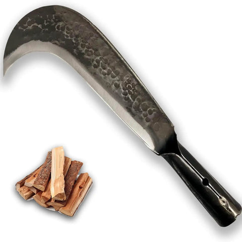 Heavy Duty Machete Billhook Sickle Knife For Yard Work And Tree Cutting with wood pile, manganese steel blade