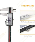 8 Inch Digital Caliper With Waterproof Stainless Steel Body, showing large LCD screen, tail fixed mode, and locking screw details