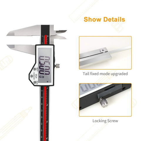 8 Inch Digital Caliper With Waterproof Stainless Steel Body, showing large LCD screen, tail fixed mode, and locking screw details