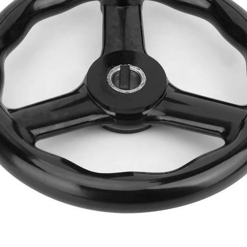 Close-up of 200mm black grippy bakelite three spoked lathe handwheel with handle for precise control and comfortable operation pro grade machine tool handwheel quality