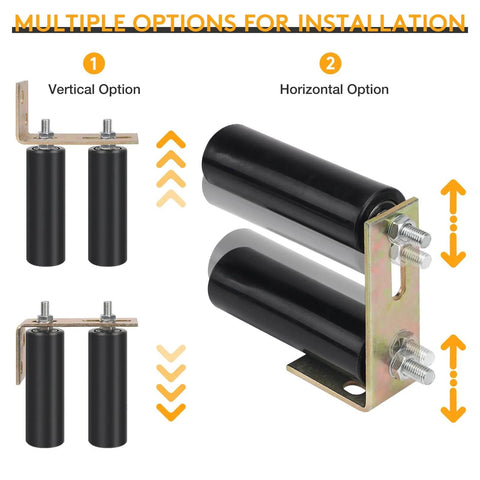 6 Inch Heavy Duty Beefed Up Sliding Gate Roller Kit With L Bracket showing vertical and horizontal installation options