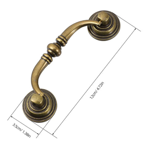 Four Piece Old School Vintage Drawer Pulls Set Antique Wardrobe Handles Alloy Cabinet Hardware For Dresser Cabinets And Furniture Makeover Decorative Home Improvement Knobs, bronze finish with dimensions shown.