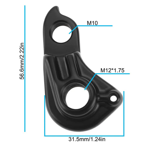 Black Derailleur Hanger M12x1.75 for Cannondale mountain bikes, showing dimensions 56.6mm x 31.5mm, aluminum alloy material.