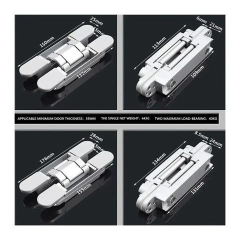 2 Pack Heavy Duty Hidden Door Hinges For Wood Interior Doors, 40 And 80KG Load, 180 Degree Opening details with measurements.