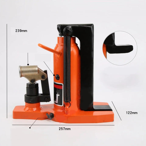 Rock Solid Heavy Duty Hydraulic Claws Jack With Low Profile Design And Compact Metal Body For Smooth Equipment Lifting In Garages Or Professional Shops Tough As Nails Toe Jack, showing detailed size measurements.