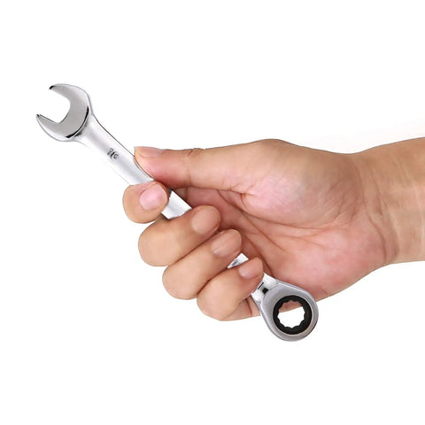 Hand holding a wrench from the 4 Piece 13mm 12Pt Ratchet Wrench Set With 5 Degree Movement And 72 Teeth, Steel Chrome Finish