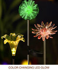 Solar Stake Lights With Color Changing LEDs And Life Size Figurines, Assorted Multicolor Outdoor Garden Decor, 3 Count For Day And Night Yard Vibe That Pops In Any Season featuring green, pink, and yellow LED flowers.