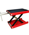 1100Lb Motorcycle Lift Scissor Jack With Steel Wide Deck For Cruisers Dirt Bikes And ATVs, shown with adjustable height mechanism