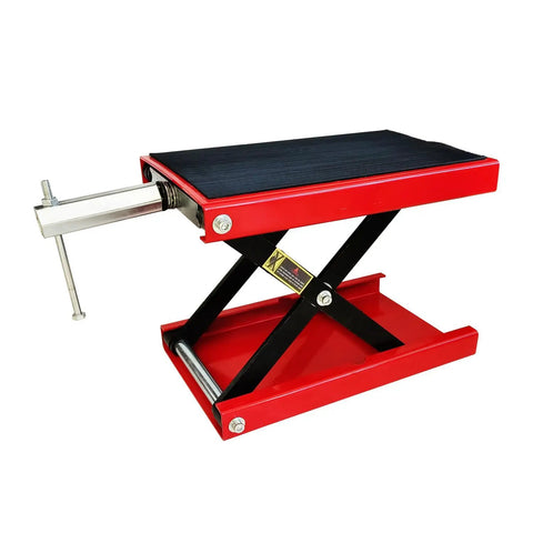 1100Lb Motorcycle Lift Scissor Jack With Steel Wide Deck For Cruisers Dirt Bikes And ATVs, shown with adjustable height mechanism