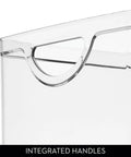 Close-up of No Sweat Big League Heavy Duty Clear Stackable Extra Long Plastic Storage Bin with integrated handles.