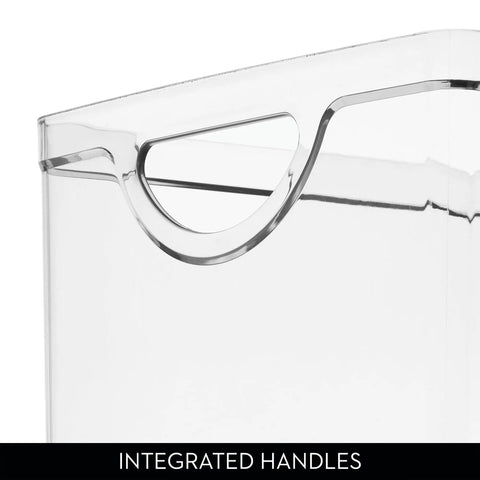 Close-up of No Sweat Big League Heavy Duty Clear Stackable Extra Long Plastic Storage Bin with integrated handles.