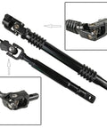 GaeaAuto steering shaft assembly, upper and lower, side view, black metal with universal joints and bellows boot.